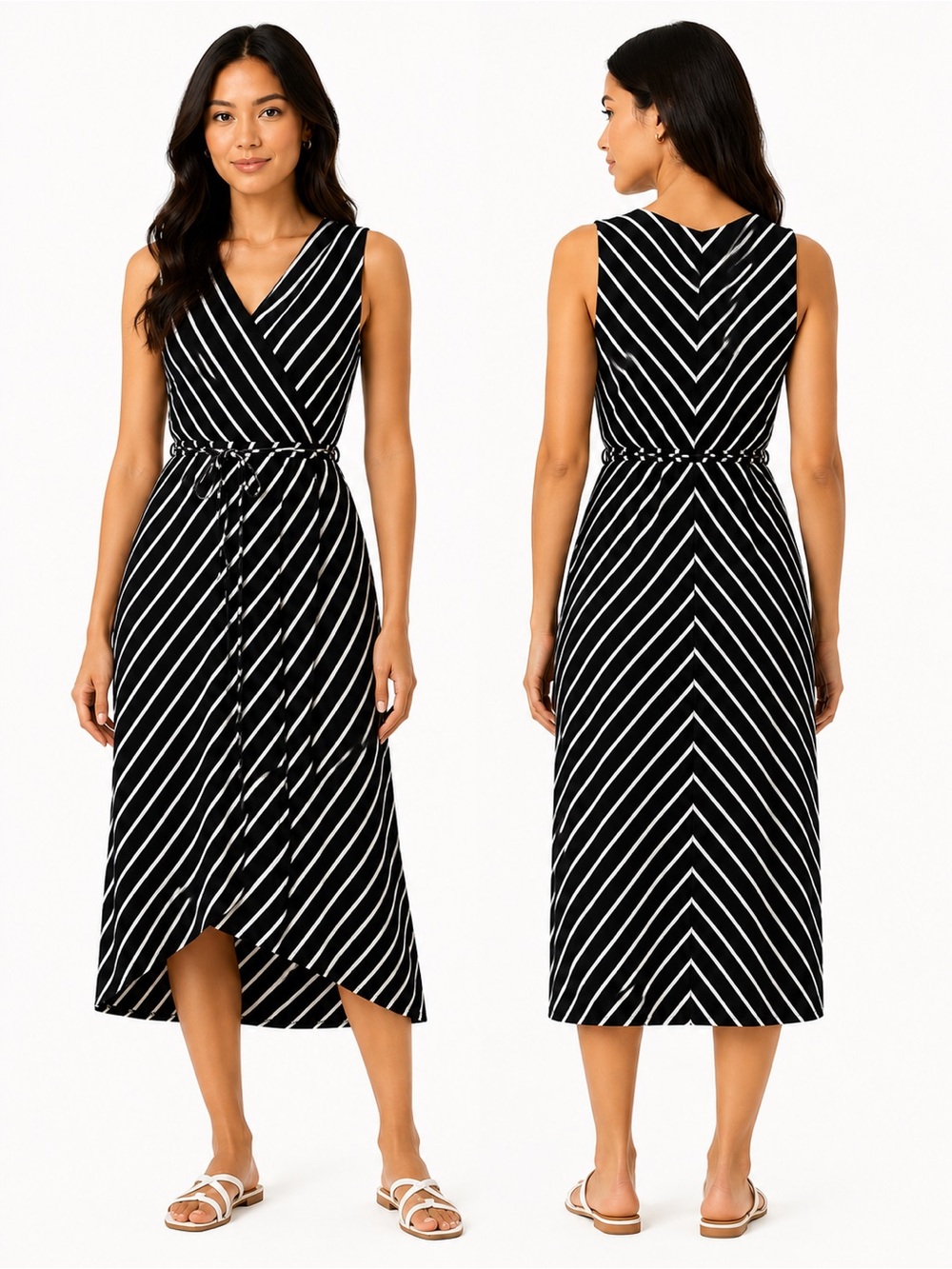 Apt 9 Black White Striped Wrap Dress Large NEW Midi Elastic Waist Tie Belt